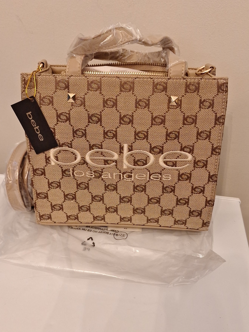 bebe Beige Logo Jacquard Satchel with Gold Accents